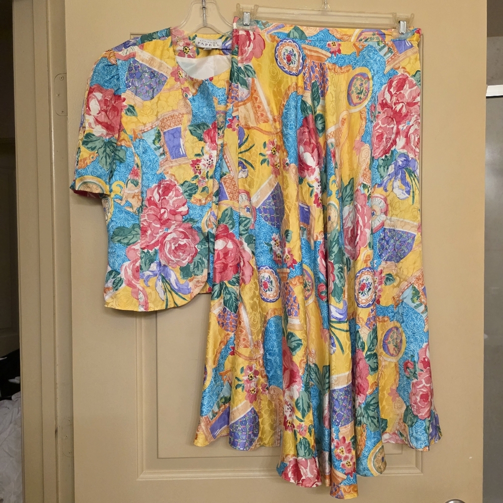 Vtg Sz 10 Adrianna Papell 100% Silk Maxi Skirt 2 Piece Set Clocks Floral Chains